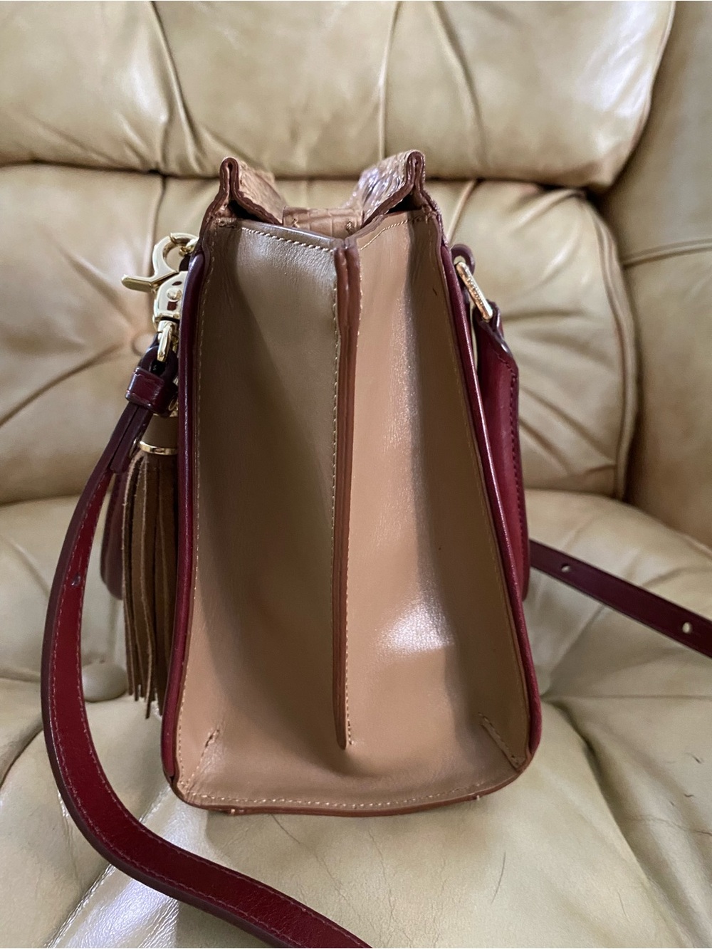 LKNW Brahmin Mini Priscilla Satchel Crossbody Tassel Charm Melbourne Wine/Beige - Picture 13 of 16